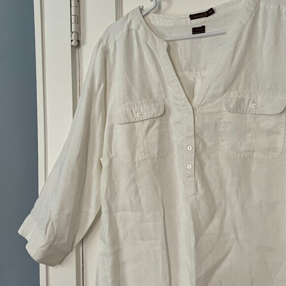 La Naturelle 100% linen blouse size XXL white 3/4 roll tab sleeve minimalist - Picture 4 of 10